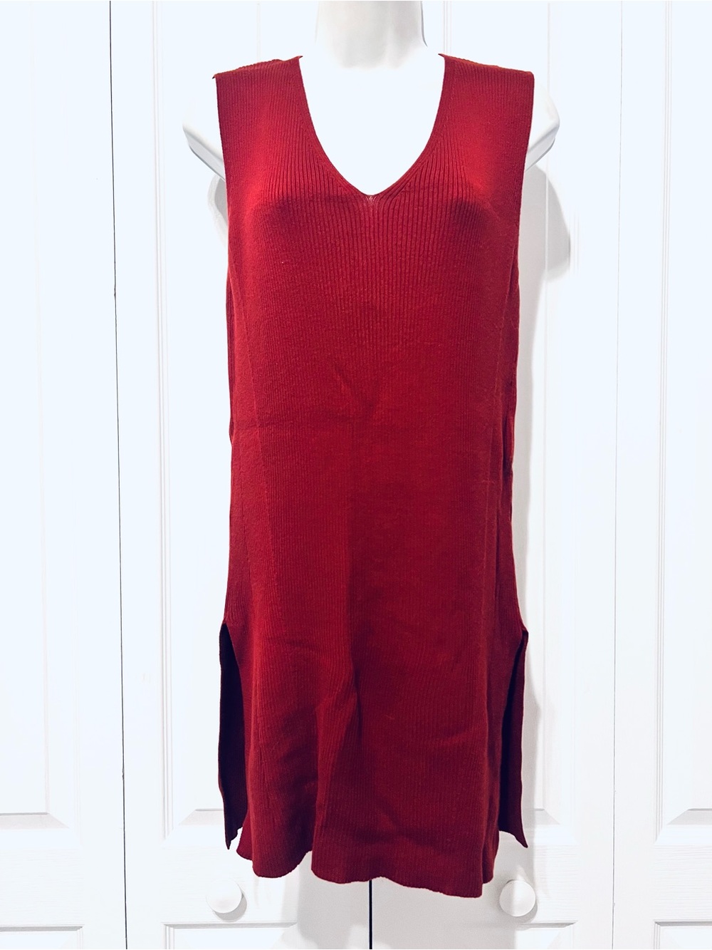 Massimo Dutti Sleeveless V-Neck Tunic-Sweater Ribbed Dress-Rust-Stretch-Small ?